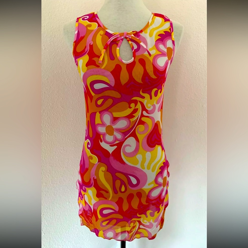 Club Med Womens Multicolor Sheer V- Neck Sleeveless Swimsuit Coverup Dress Sz S
